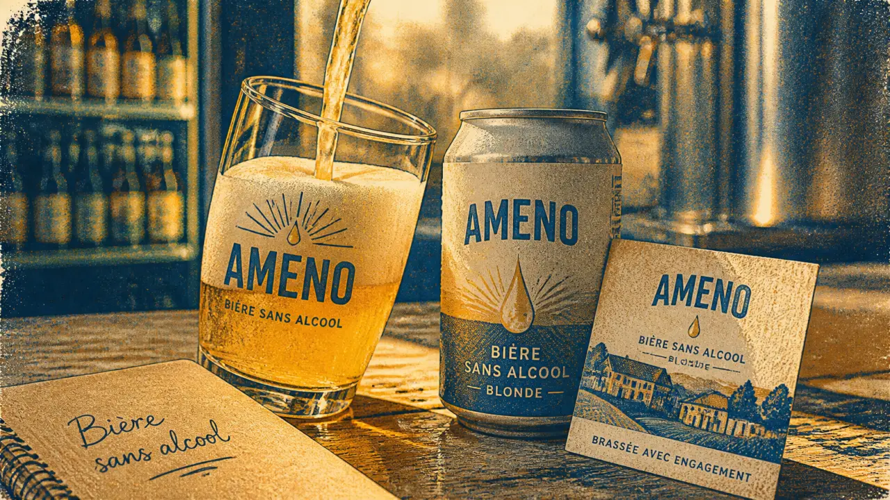 Améno bière artisanale sans alcool Camaret, mousse et canette