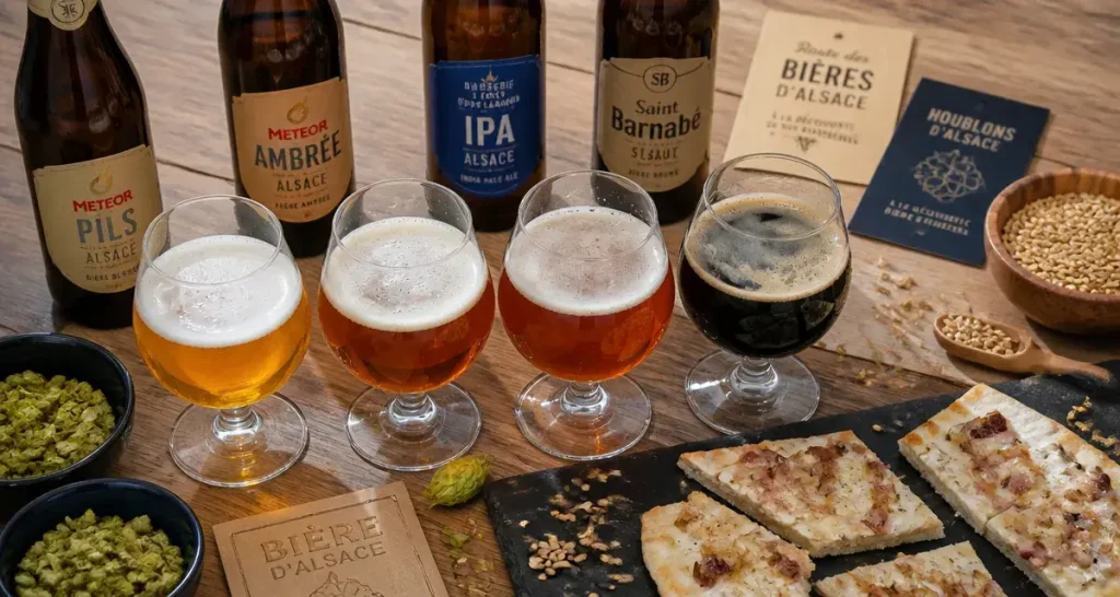 biere alsace : dégustation en verres, tarte flambée et houblon