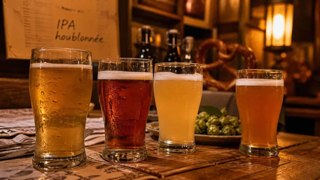 Bière alsacienne artisanale : verres blonde, ambrée, blanche et IPA en winstub