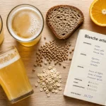 Bière blanche artisanale, céréales, agrumes et fraîcheur sur planche en bois