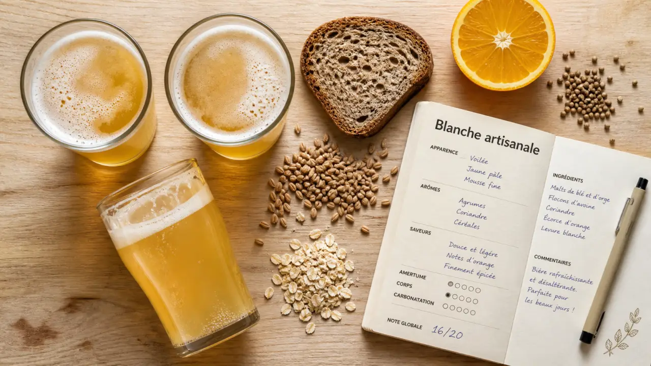 Bière blanche artisanale, céréales, agrumes et fraîcheur sur planche en bois