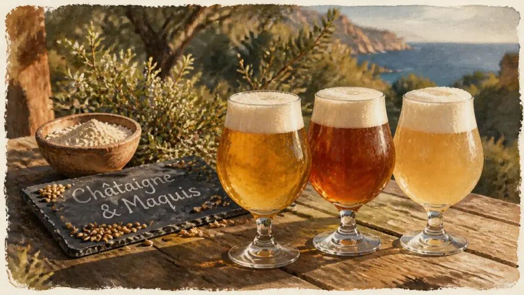 Bière corse artisanale châtaigne et maquis, verres sur table en bois en Corse
