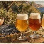 Bière corse artisanale châtaigne et maquis, verres sur table en bois en Corse