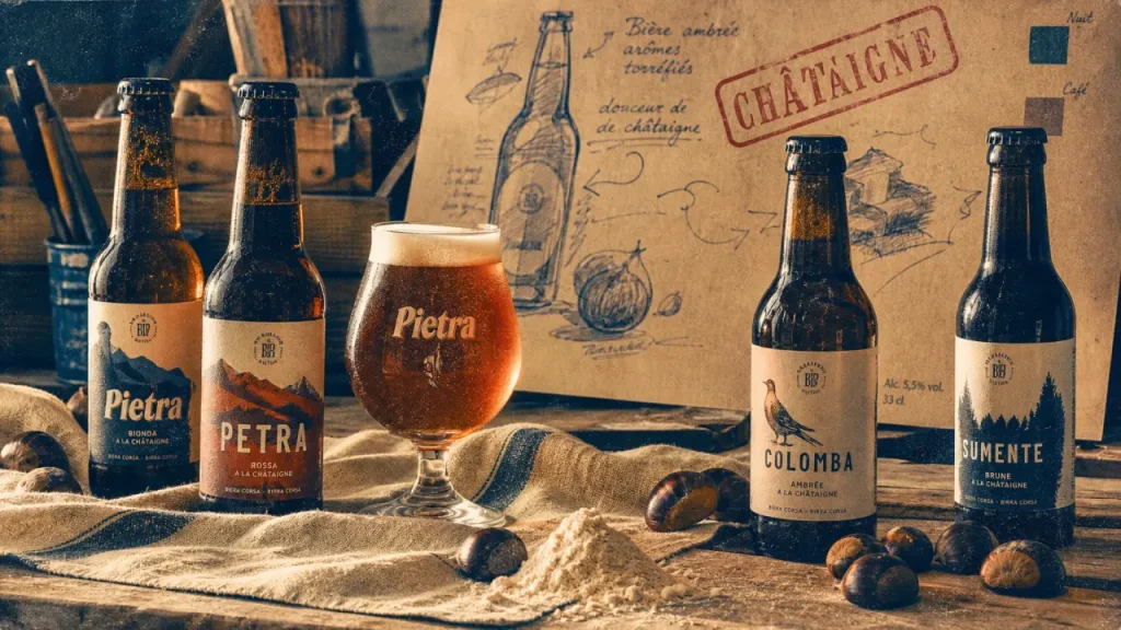 Biere corse à la châtaigne : bouteilles artisanales et châtaignes