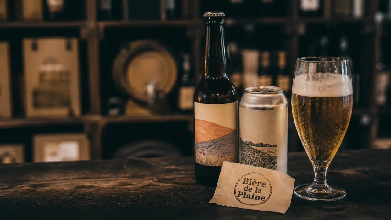 Bière de la plaine brasserie artisanale : verre et canette au comptoir