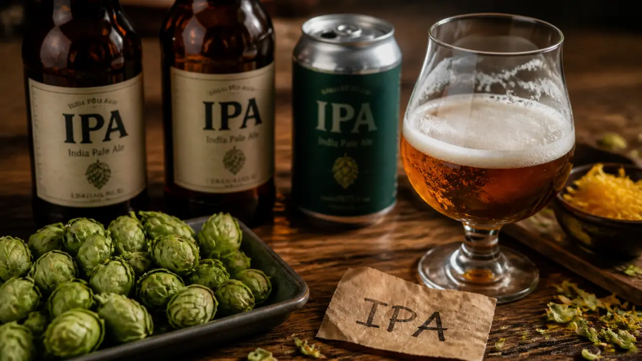 Bière ipa : houblon et verre tulipe avec IPA, reflets ambrés