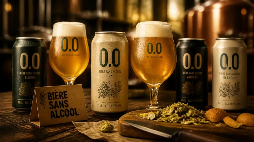 Bière sans alcool artisanale : canettes 0.0 et verres tulipe