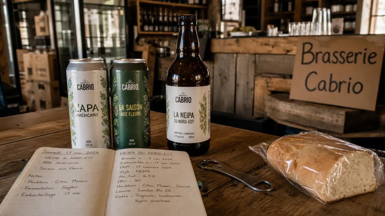 Brasserie artisanale cabrio : bière fraîche en canettes et bouteille artisanale