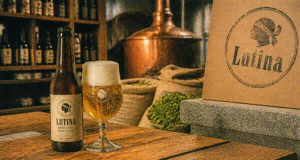 Brasserie artisanale Lutina : bière corse, mousse en verre, comptoir bois