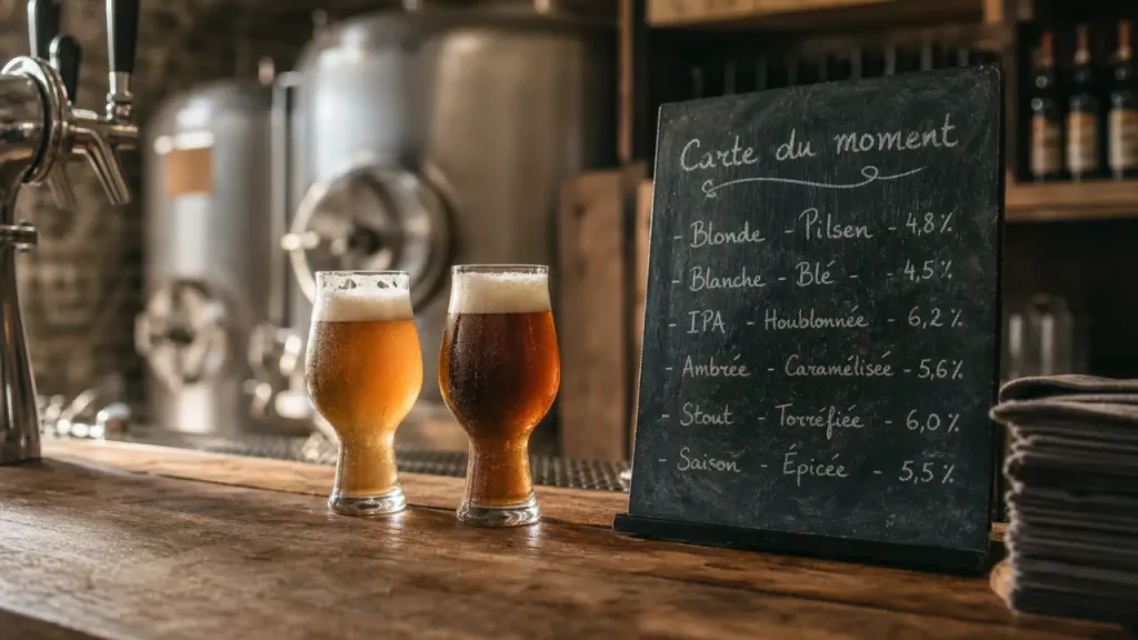 Brasserie artisanale Piva à Belleydoux : comptoir, carte du moment, verres à dégustation