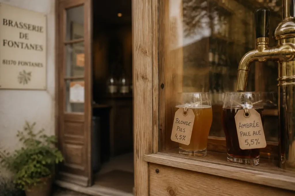 Brasserie artisanale Ratz à Fontanes : vitrine bois et dégustation