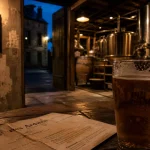 Brasserie artisanale & restaurant ardwen : deux bières artisanales et menu ardennais sur table bois sombre