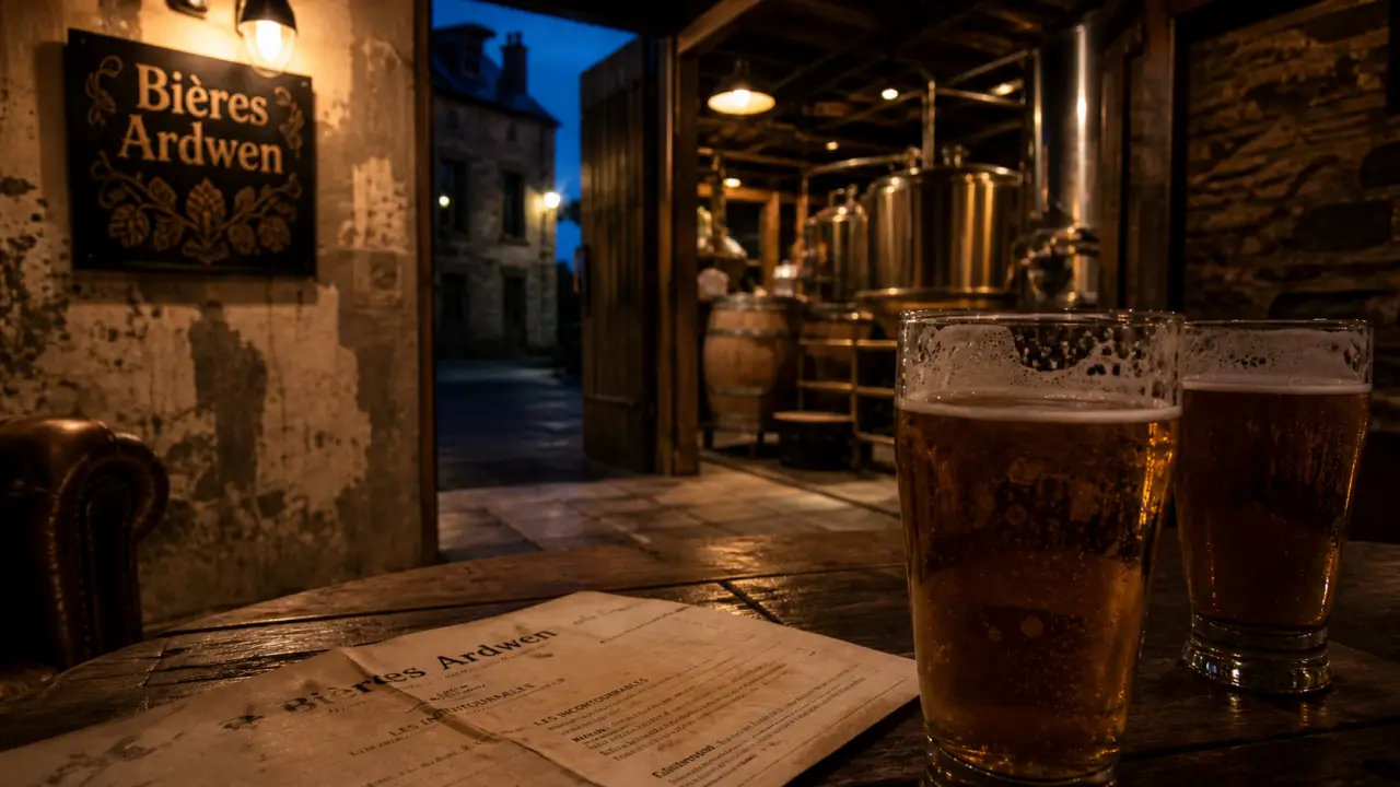 Brasserie artisanale & restaurant ardwen : deux bières artisanales et menu ardennais sur table bois sombre