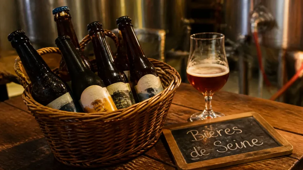 Brasserie artisanale seine-maritime : panier de bouteilles et ardoise de dégustation