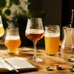 Matériel de dégustation de bière artisanale : verres, carafe et carnet de notes sur une table en bois