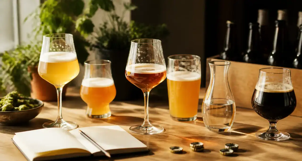 Matériel de dégustation de bière artisanale : verres, carafe et carnet de notes sur une table en bois