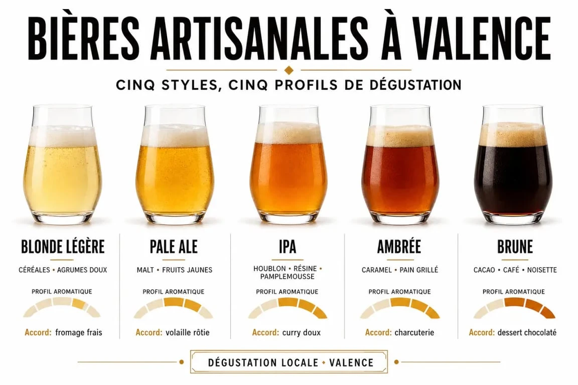 Brasserie artisanale Valence : comparaison visuelle des styles de bière et des accords faciles