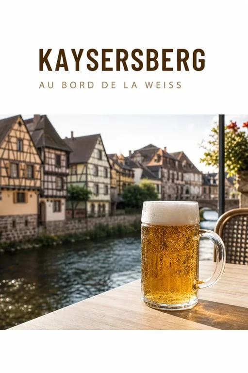 Brasserie artisanale kaysersberg sur une terrasse au bord de la Weiss avec maisons à colombages