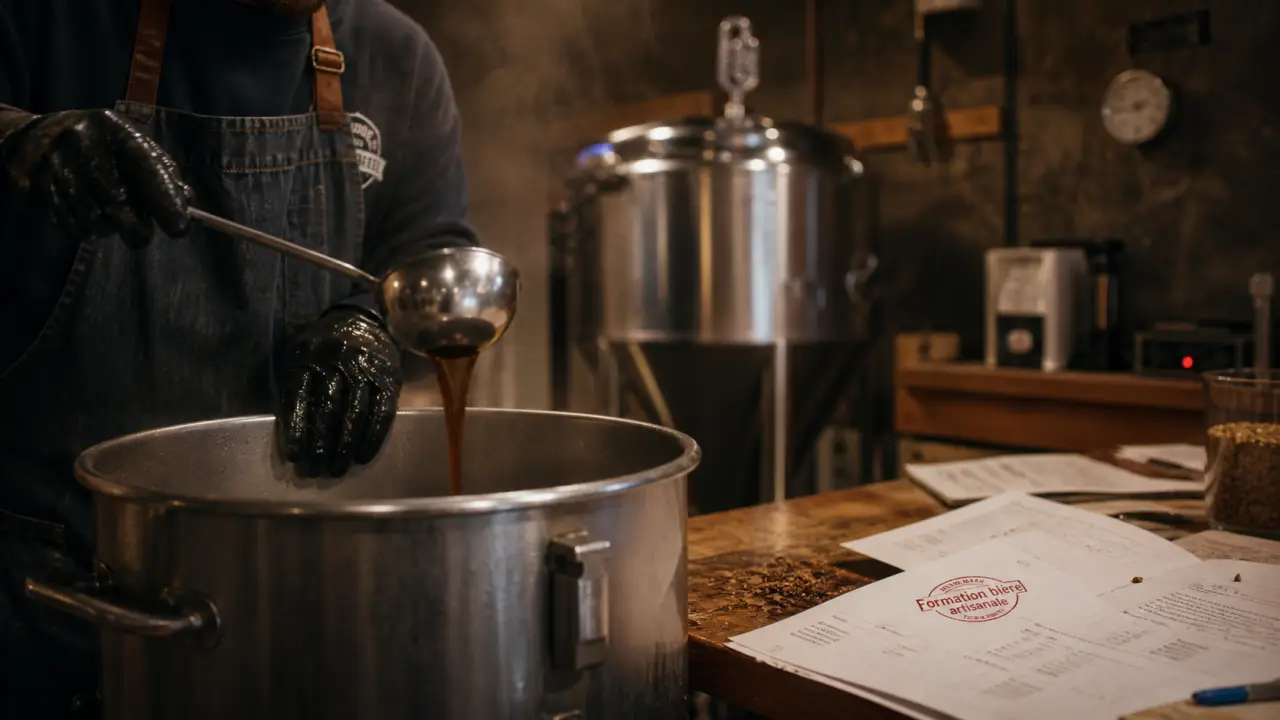Formation bière artisanale : brassage en brasserie, versement de moût dans une cuve inox