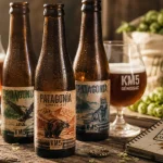 km5 bière artisanale Génissac : bouteilles et houblons, étiquettes Patagonie