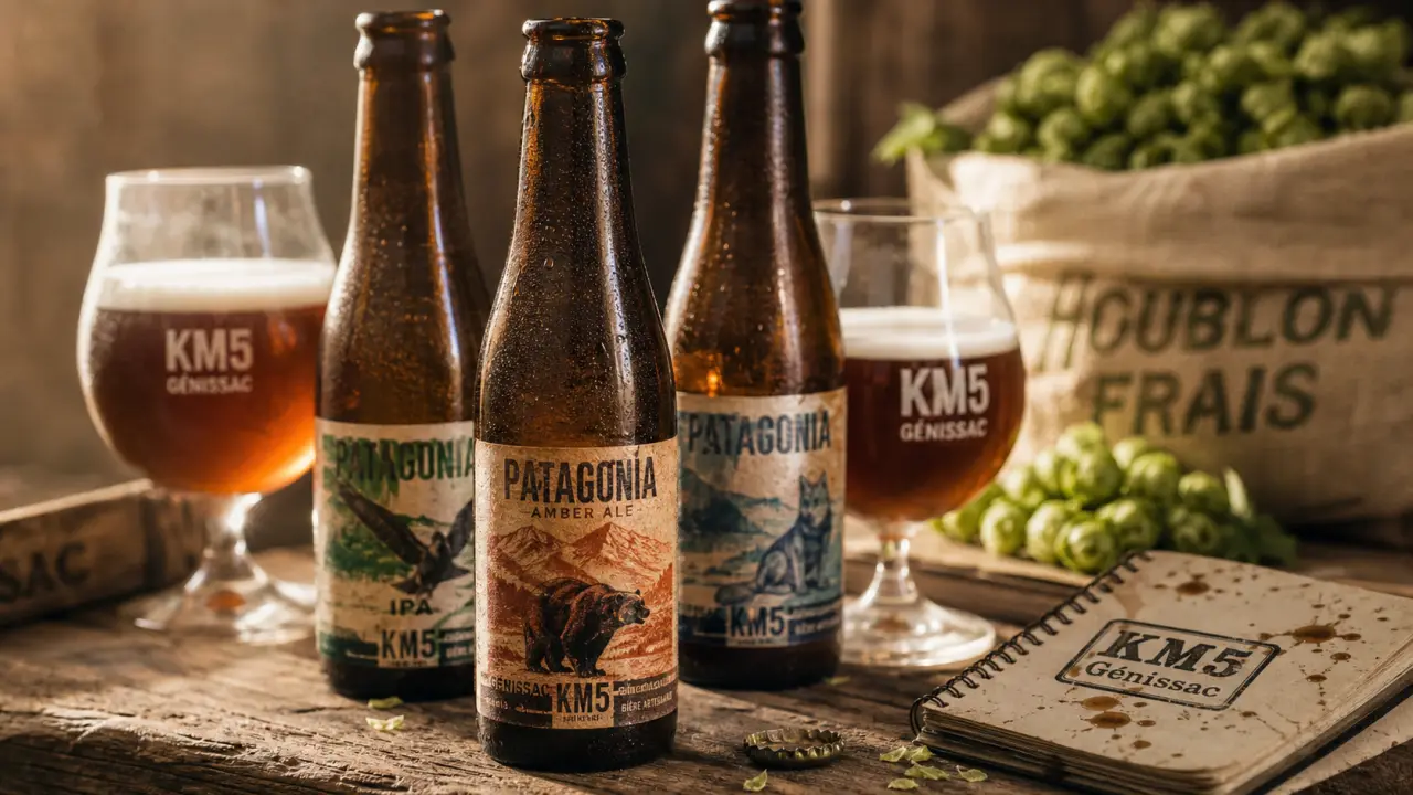 km5 bière artisanale Génissac : bouteilles et houblons, étiquettes Patagonie