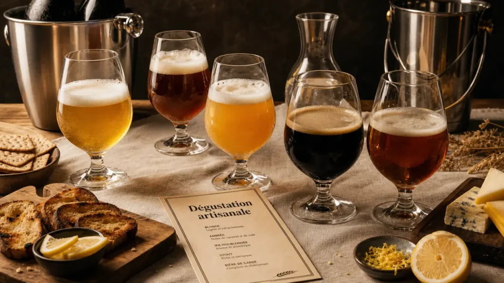 Animation bière artisanale : dégustation locale en verres tulipe sur table en bois
