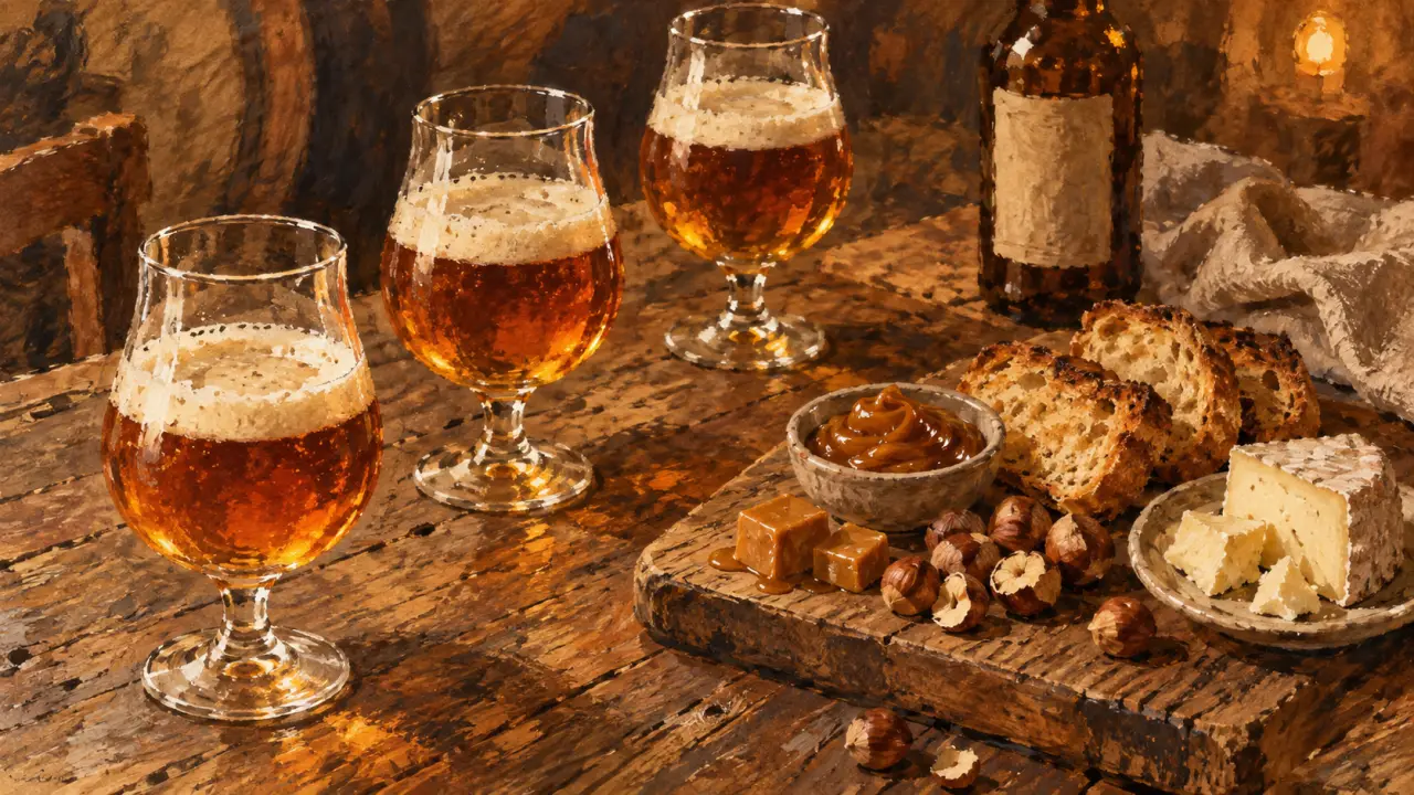 Bière ambrée aux malts caramel et notes toastées, cuvées françaises en verres tulipe