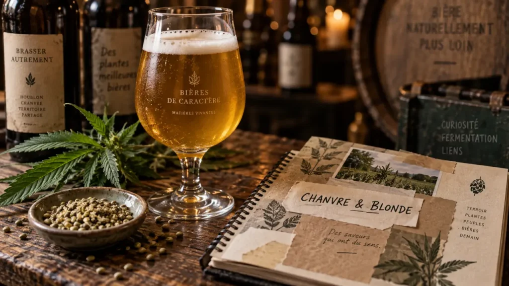 Bière artisanale au chanvre, verre de blonde herbacée avec graines de chanvre et feuilles vertes