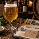 Bière artisanale au chanvre, verre de blonde herbacée avec graines de chanvre et feuilles vertes