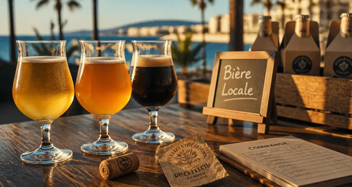 Bière artisanale cannes sur terrasse : verres de bière blonde, pale ale et stout
