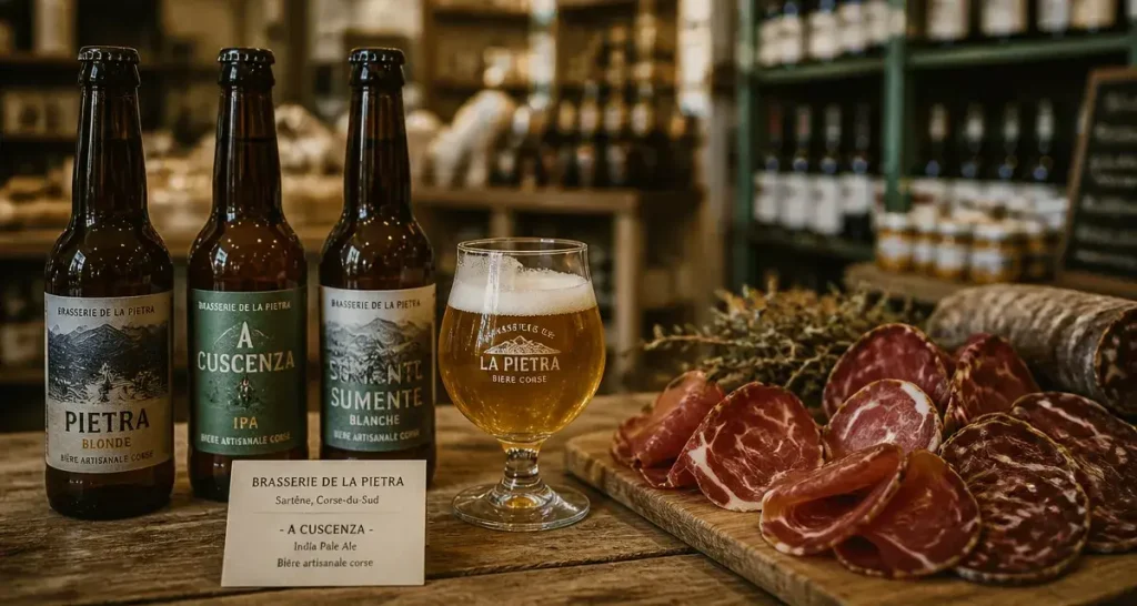 Bière artisanale corte : dégustation locale sur table en bois