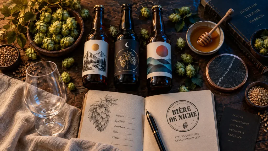Bi1re artisanale de niche, dgustation locale : bouteilles, houblon et verre tulipe