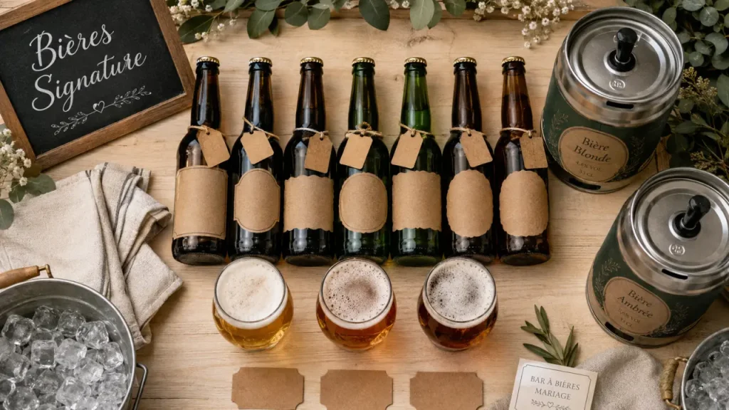 Bière artisanale mariage : bar à bière, bouteilles et verres