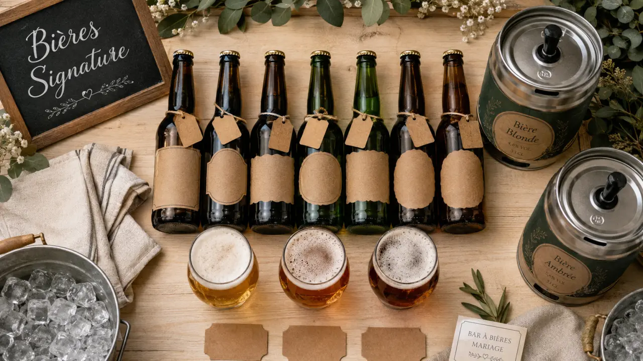 Bière artisanale mariage : bar à bière, bouteilles et verres