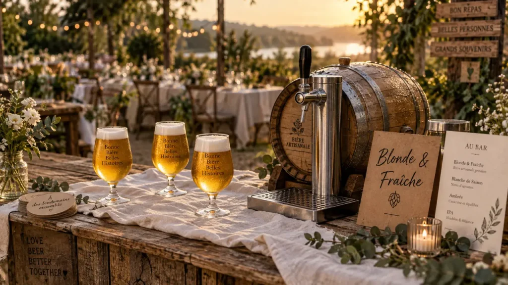 Bière artisanale mariage sur table de réception, fraîcheur locale