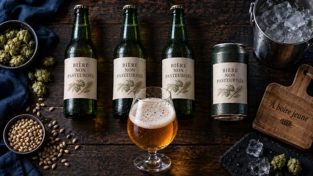 Bi ère artisanale non pasteurisée : bouteilles et verre fraîchement servi