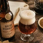 Bi1re artisanale tradition cistercienne en bouteille brune, mousse en verre tulipe