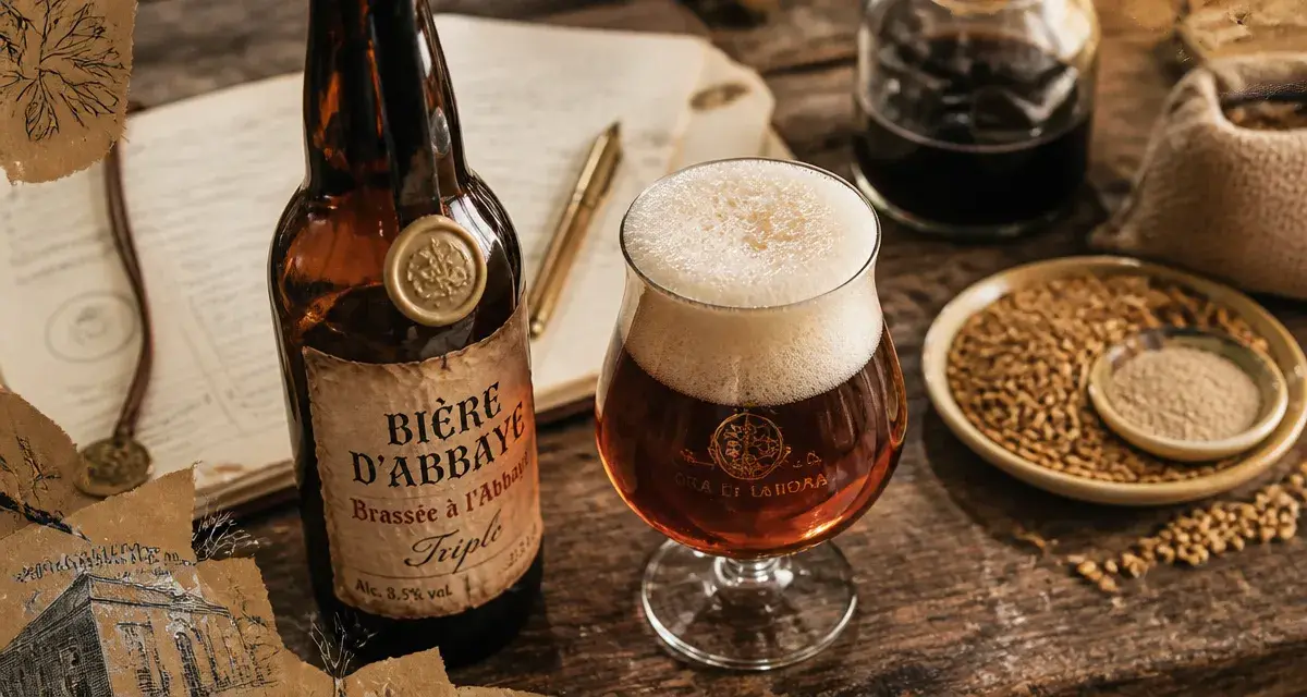 Bi1re artisanale tradition cistercienne en bouteille brune, mousse en verre tulipe