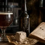 Bière artisanale tradition cistercienne : bière ambrée en verre et carnet monastique