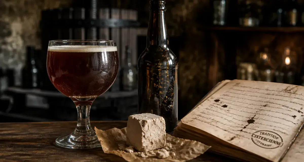 Bière artisanale tradition cistercienne : bière ambrée en verre et carnet monastique