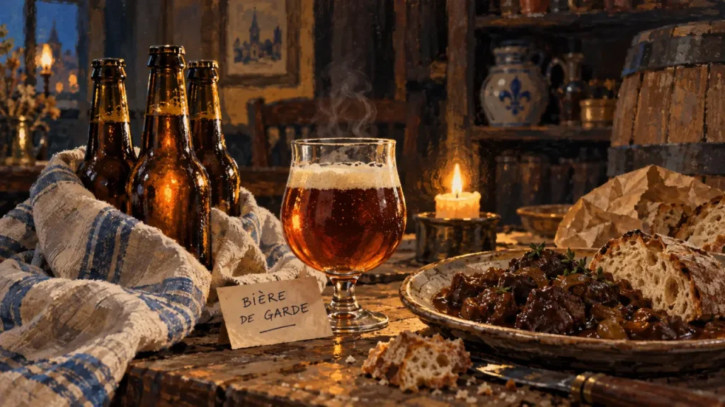 Bière de garde du Nord : malts et maturation, verre fumant et bouteilles ambrées