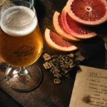 Bière IPA bienfaits : verre tulipe avec houblon, agrumes et mousse