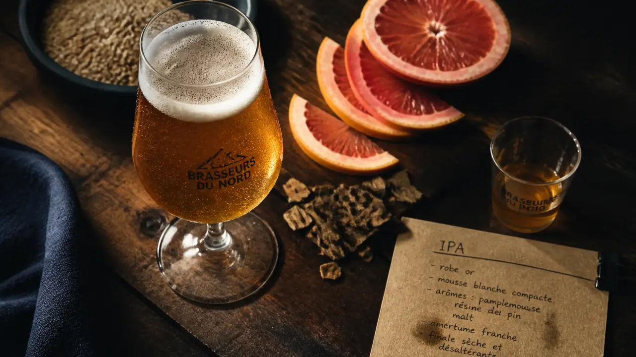 Bière IPA bienfaits : verre tulipe avec houblon, agrumes et mousse