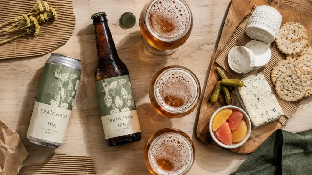 Bière ipa viriat fraîcheur : canette et verres sur table bois, fromages et crackers