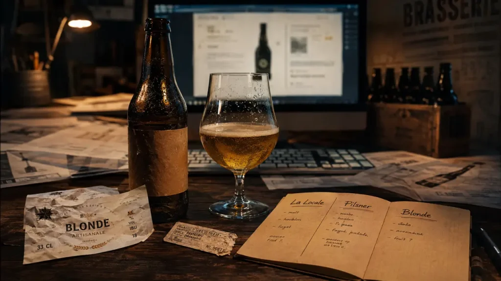 Bière la locale du sud-ouest : Pilsner et Blonde, bouteille et verre en cave