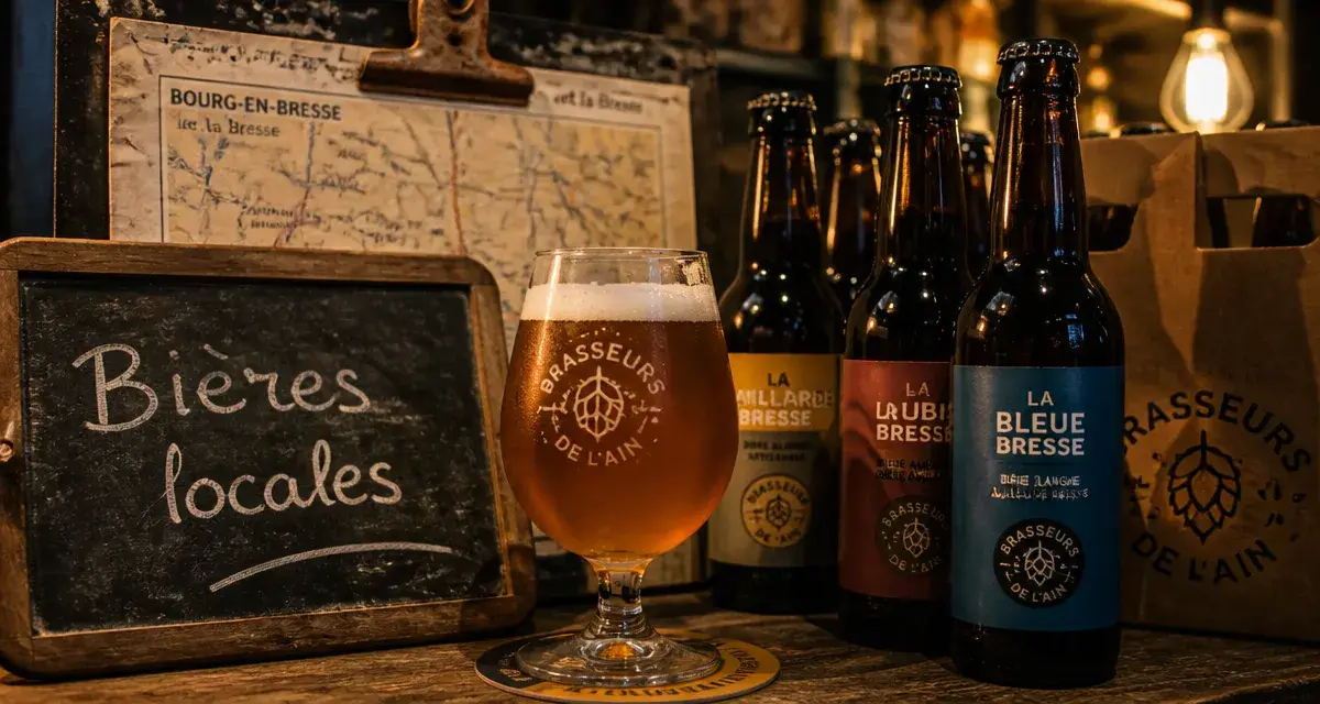 Bi7re locale bourg-en-bresse : bouteilles artisanales de l’Ain sur comptoir bois