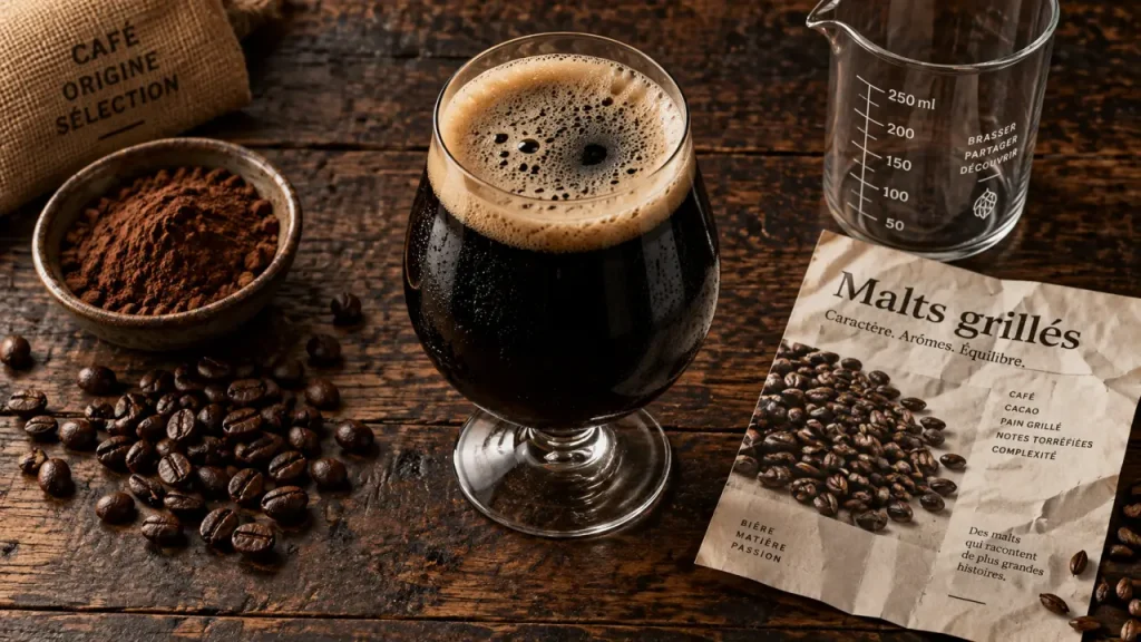 Photo bière stout noire, mousse beige et grains torréfiés