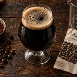 Photo bière stout noire, mousse beige et grains torréfiés