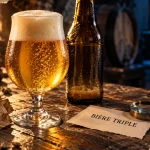 Photo bière triple : verre tulipe dorée avec mousse