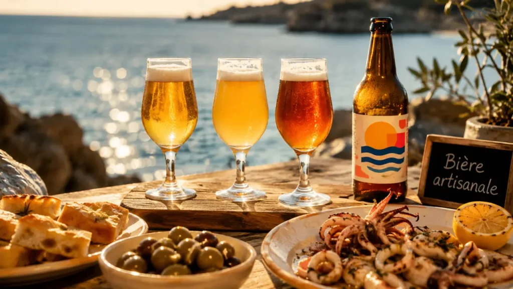 Brasserie artisanale de sabaudia : verres de bière blonde blanche ambrée sur terrasse mer